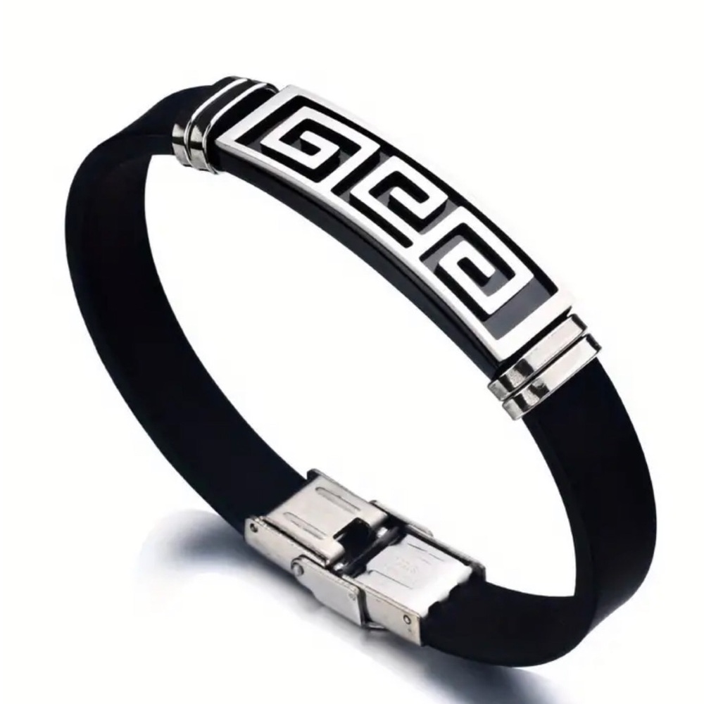 Men’s Grecian Key Design Stainless Steel & Silicone Bracelet in Silver & Black